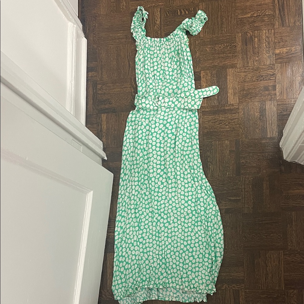 Faithfull the Brand Green and White Printed Ruffle Strap Maxi Dress